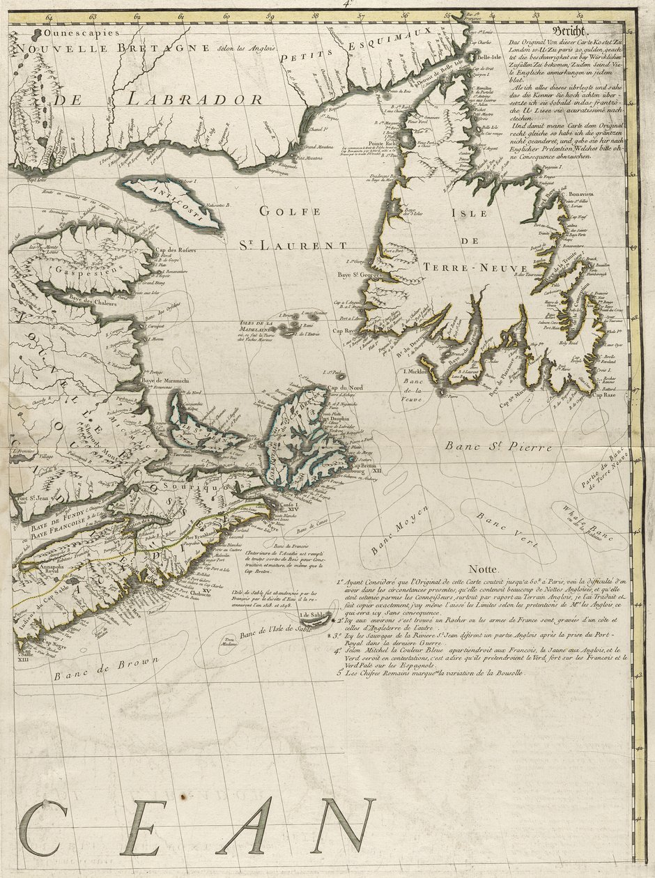 Mapa dominiów brytyjskich i francuskich w Ameryce, 1756 (rycina kolorem konturu na papierze) autorstwa John Mitchell