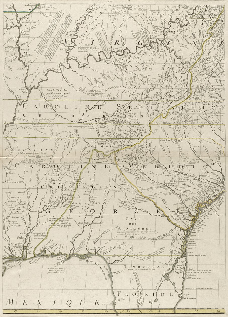 Mapa dominiów brytyjskich i francuskich w Ameryce, 1756 (rycina kolorem konturu na papierze) autorstwa John Mitchell