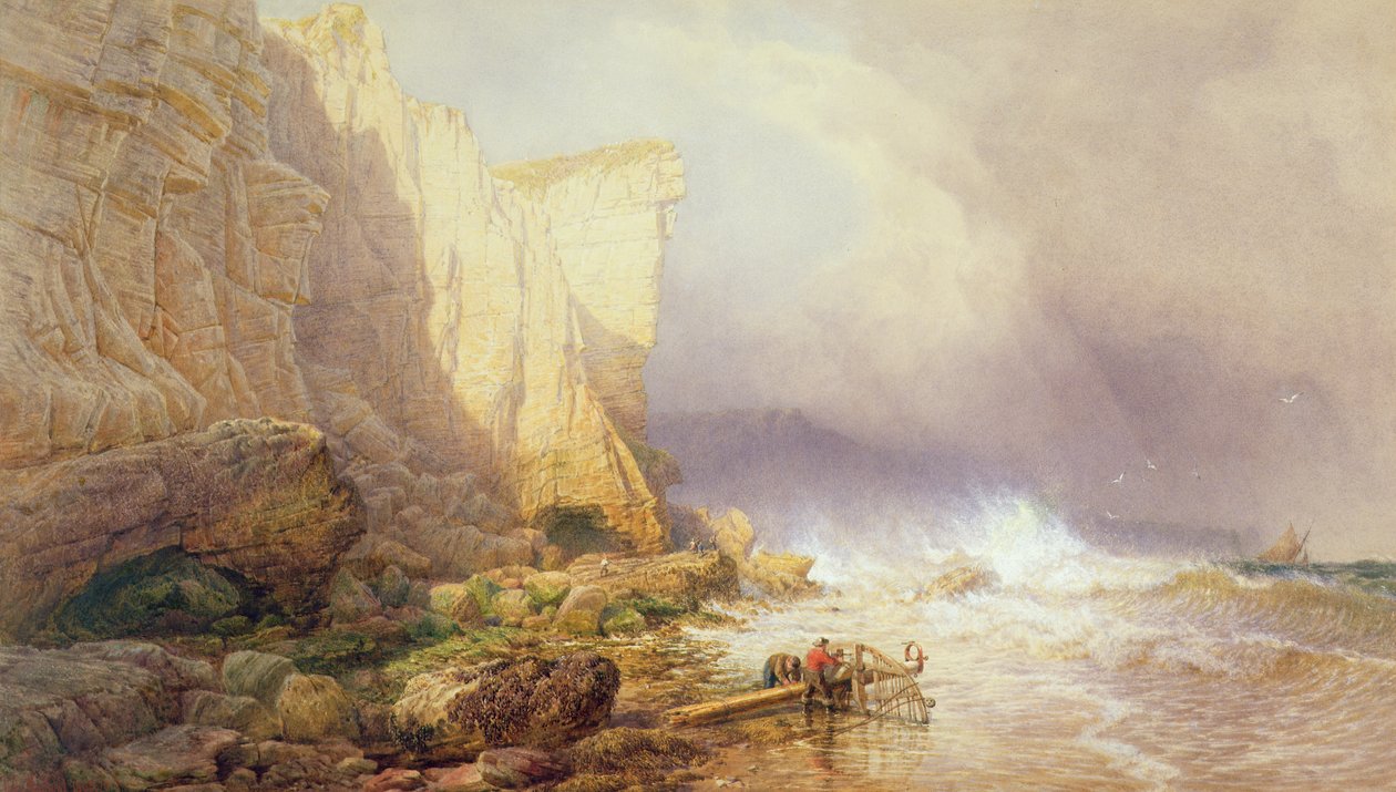 Burzowa pogoda, oczyszczanie klifów Seaton, południowy Devon, XIX w. autorstwa John Mogford