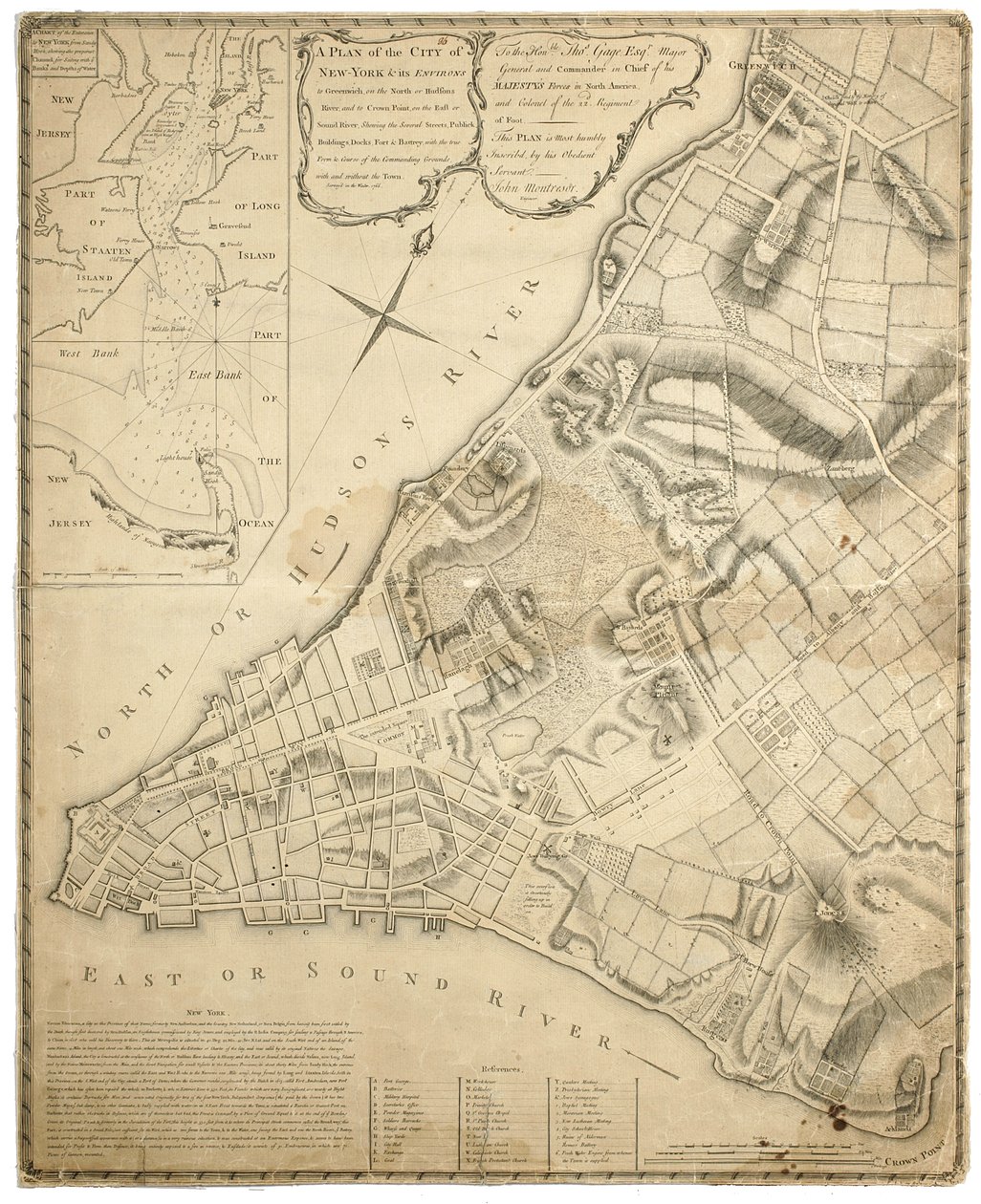 Plan miasta Nowy Jork i jego okolic od Greenwich nad rzeką North (Hudson) do Crown Point na East River, badany 1766, 1775 (litografia) autorstwa John Montresor