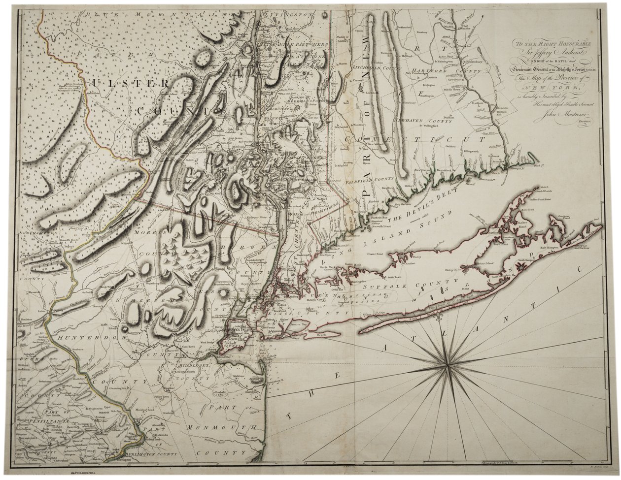 Mapa Dolnego stanu Nowy Jork i okolic, c.1775 autorstwa John Montresor