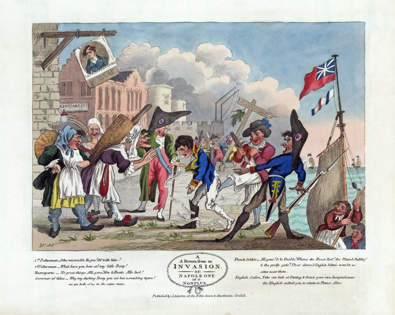 Powrót z najazdu, czyli Napoleon w nonplus, publikacja 1803 (akwaforta ręcznie kolorowana) autorstwa John Nixon