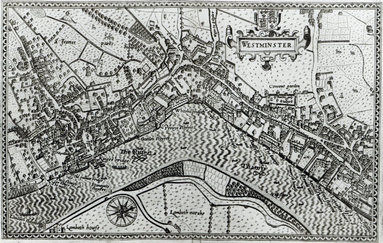 Mapa Westminsteru z „Speculum Britannia”, 1593 autorstwa John Norden