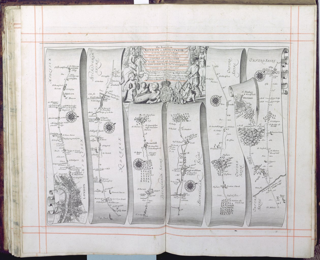 Droga z Londynu do Aberystwyth na wybrzeżu Morza, z „Britannia, Volume the First”, 1675 autorstwa John Ogilby