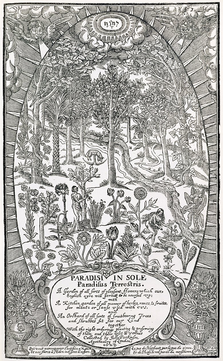 Strona tytułowa z Paradisi Sole; Paradisus Terrestris, 1629 autorstwa John Parkinson