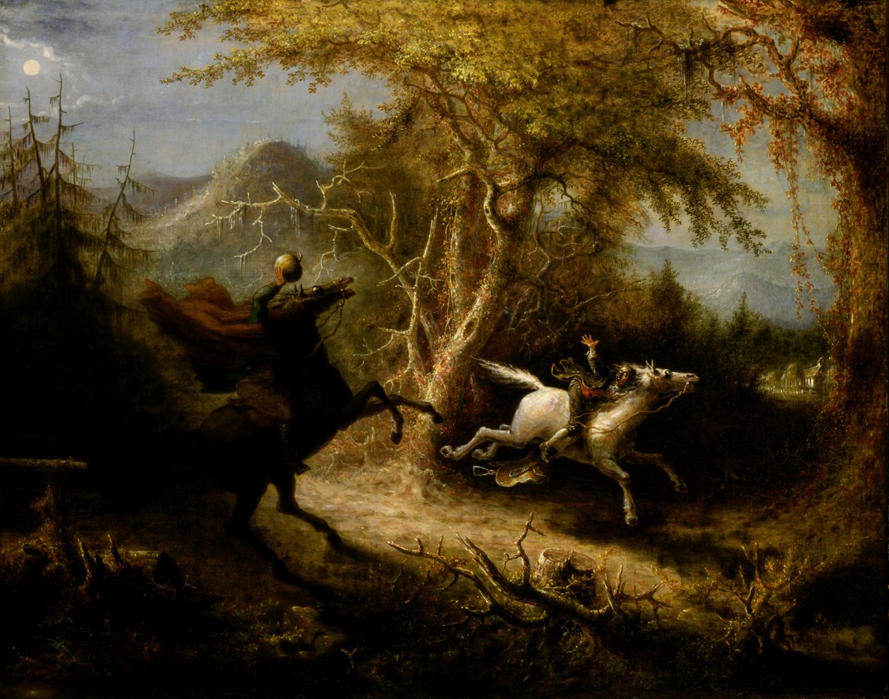 Jeździec bez głowy ściga żuraw Ichabod autorstwa John Quidor