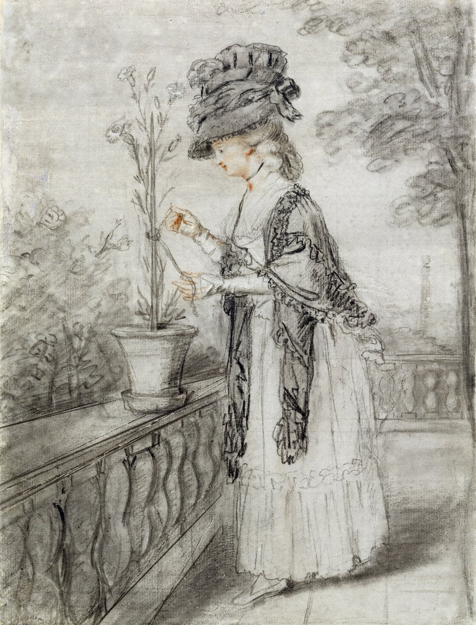 Pani na tarasie pielęgnująca goździk (czarna, czerwona i biała kreda na papierze) autorstwa John Raphael Smith