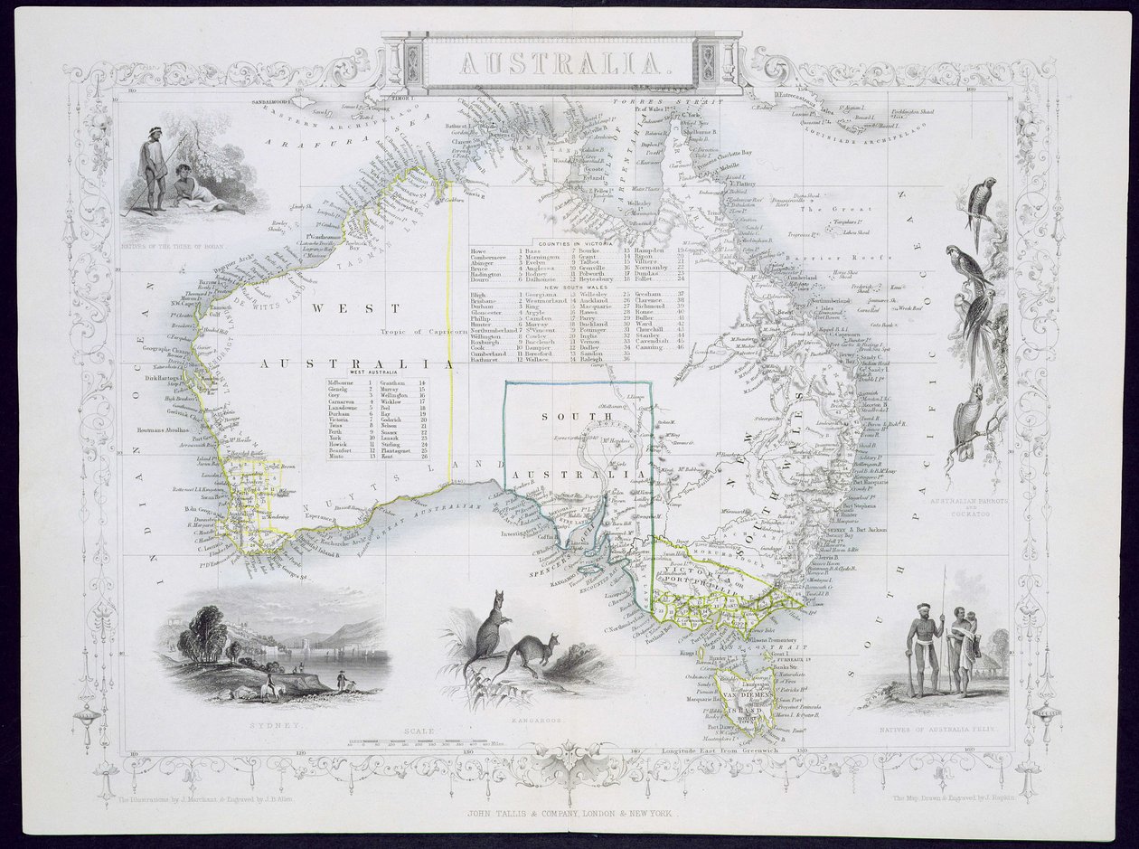 Australia, z serii map świata opublikowanej przez John Tallis und Co., Londyn i Nowy Jork, lata 50. XIX wieku autorstwa John Rapkin