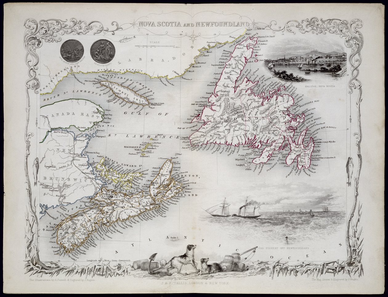 Nowa Szkocja i Nowa Fundlandia, z serii map świata opublikowanych przez John Tallis und Co., Nowy Jork i Londyn, lata 50. XIX wieku autorstwa John Rapkin
