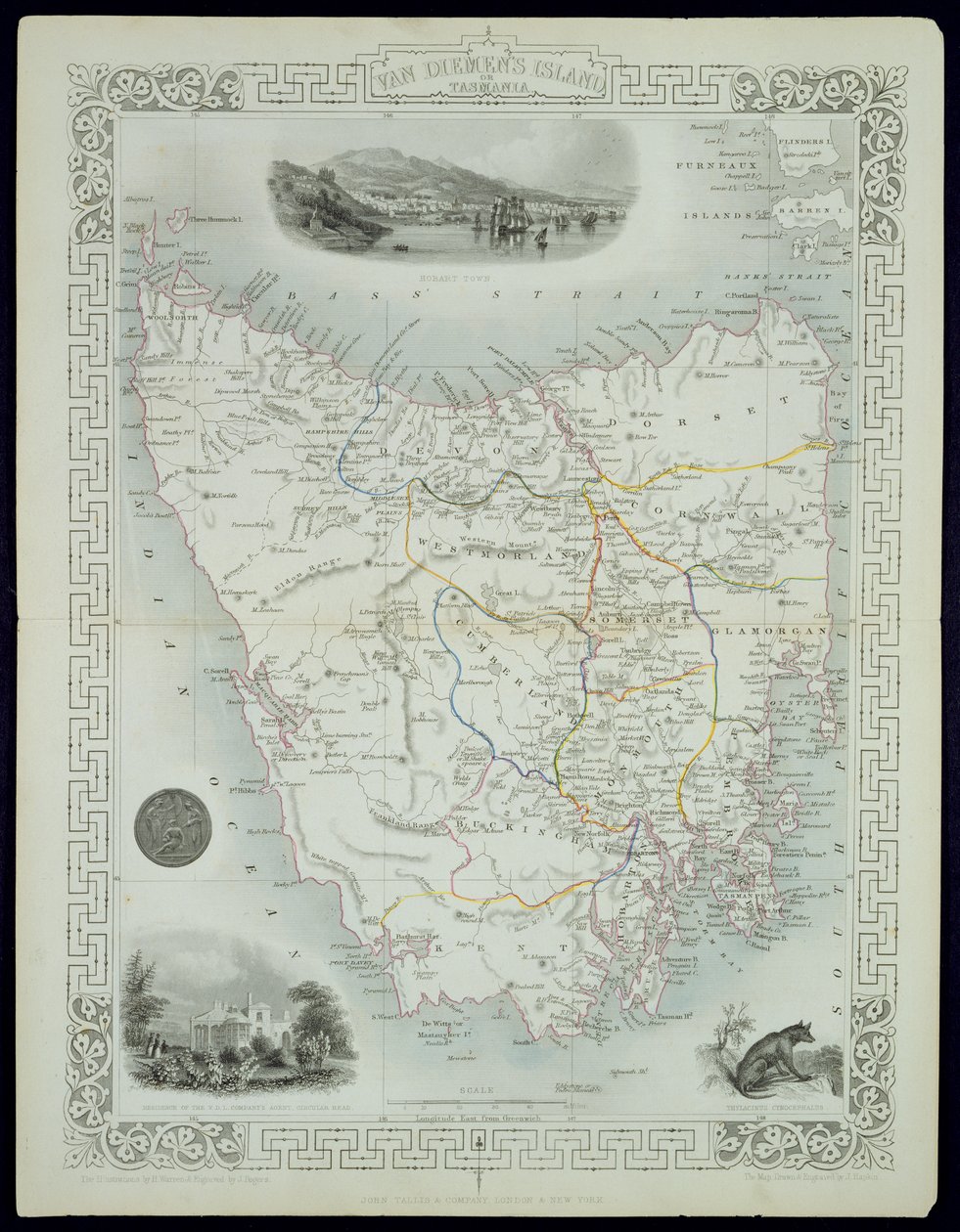 Wyspa Van Diemena lub Tasmania, z serii map świata opublikowanych przez John Tallis und Co., Londyn i Nowy Jork, lata 50. XIX wieku autorstwa John Rapkin
