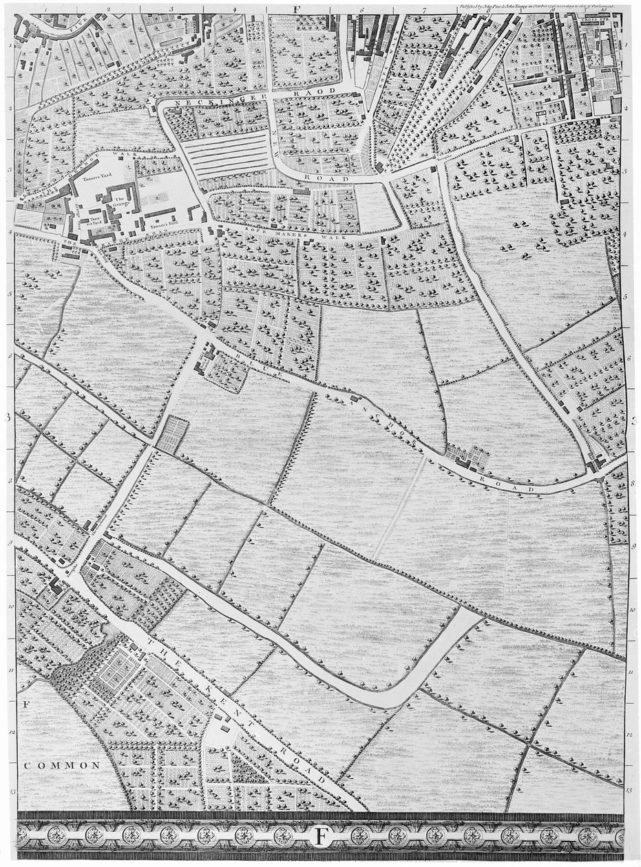 Mapa Bermondsey, Londyn, 1746 autorstwa John Rocque