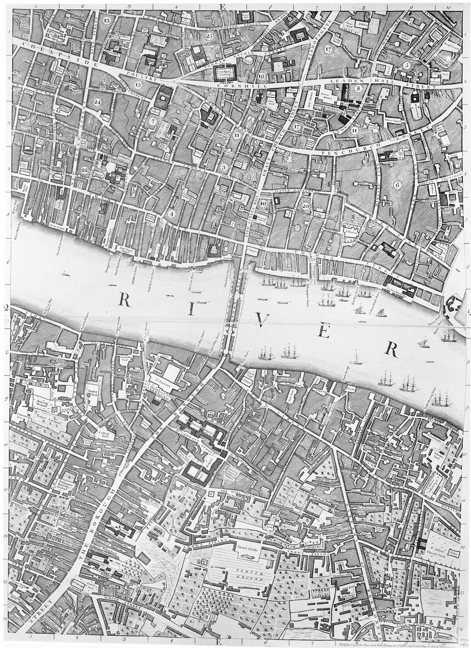 Mapa Starego Mostu Londyńskiego, Londyn, 1746 autorstwa John Rocque