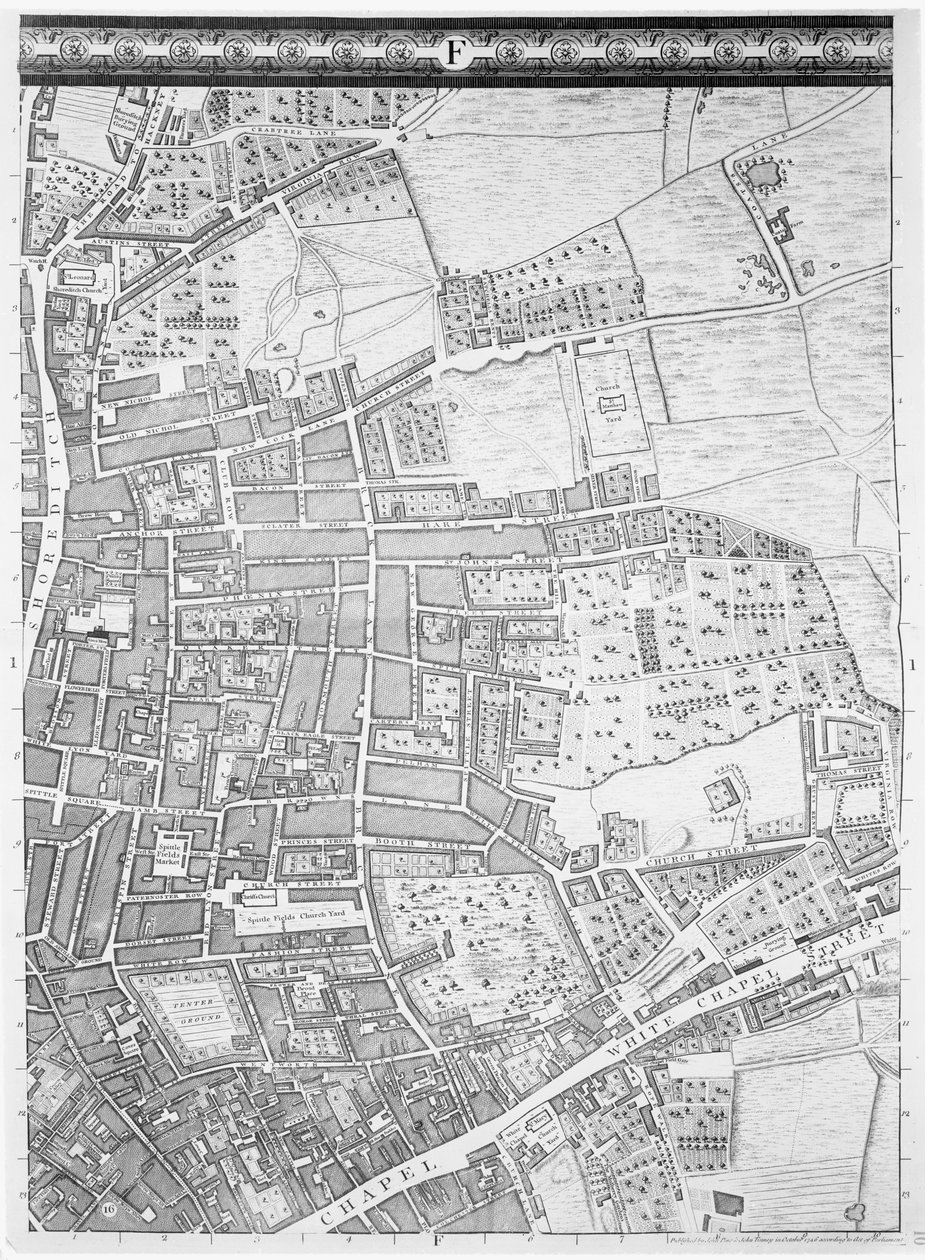 Mapa Shoreditch i Whitechapel, Londyn, 1746 r. autorstwa John Rocque
