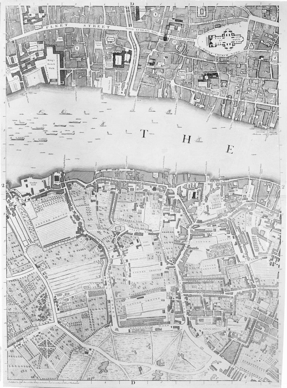 Mapa St Pauls i Bankside, Londyn, 1746 autorstwa John Rocque