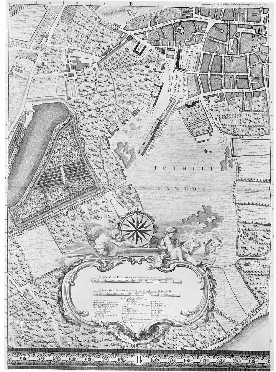 Mapa pól Tothill, Londyn, 1746 r autorstwa John Rocque