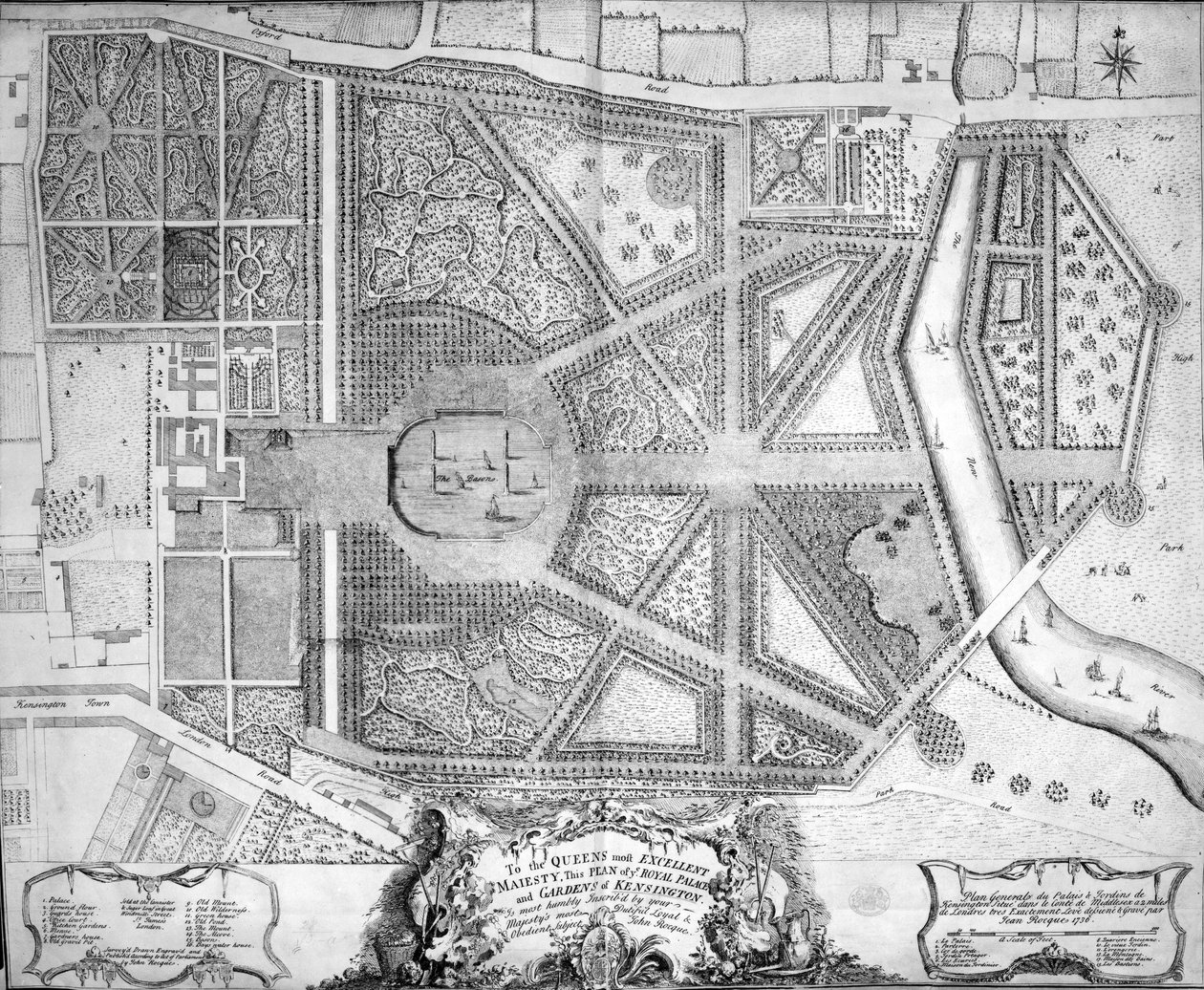 Mapa Pałacu Królewskiego i Ogrodów Kensington, Londyn, 1736 autorstwa John Rocque