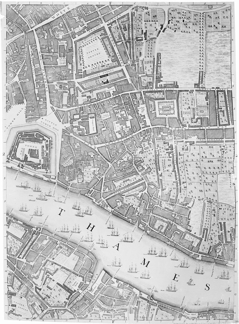 Mapa Tower of London, 1746 r autorstwa John Rocque