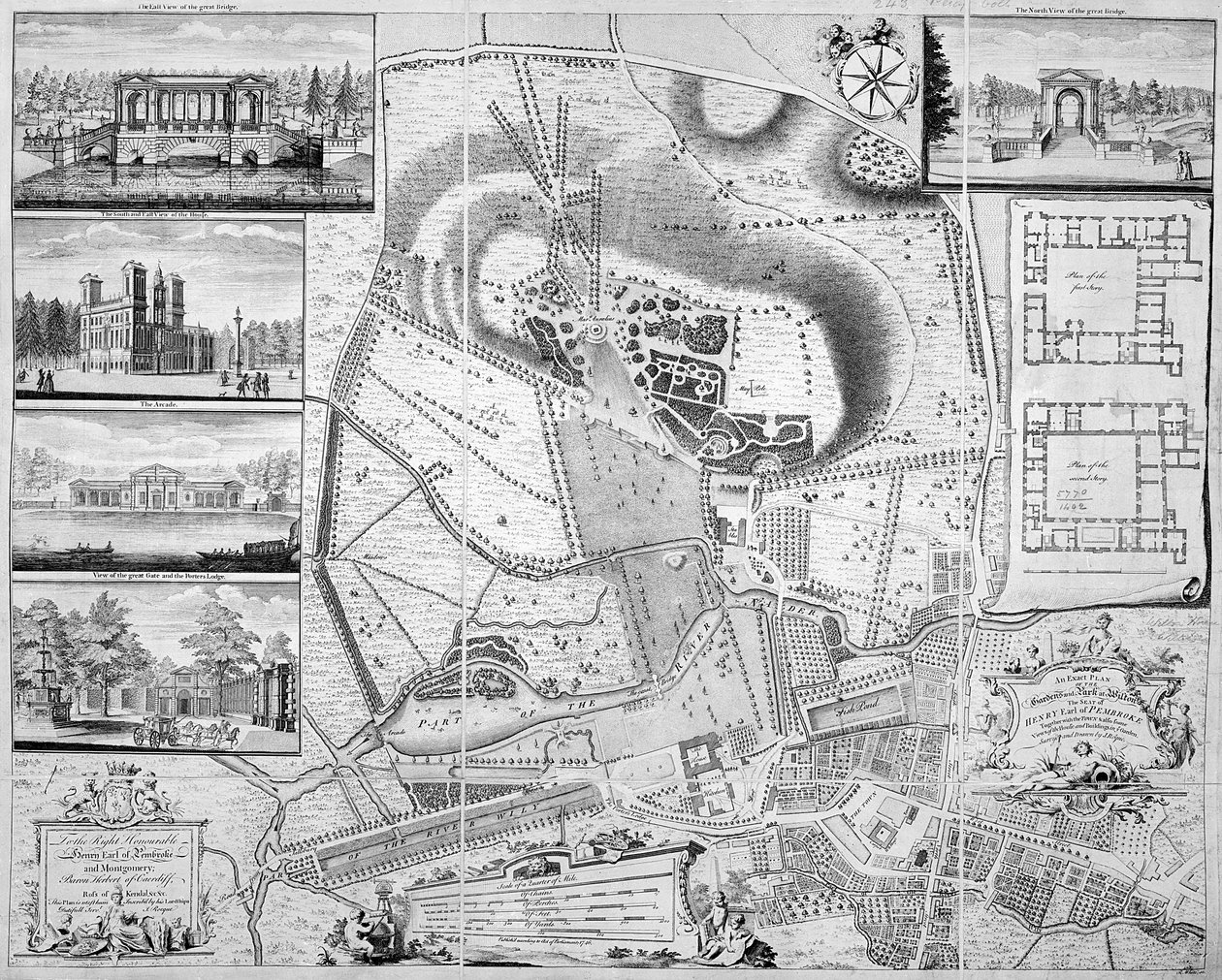 Dokładny plan ogrodów i parku w Wilton, siedzibie hrabiego Pembroke, 1746 autorstwa John Rocque