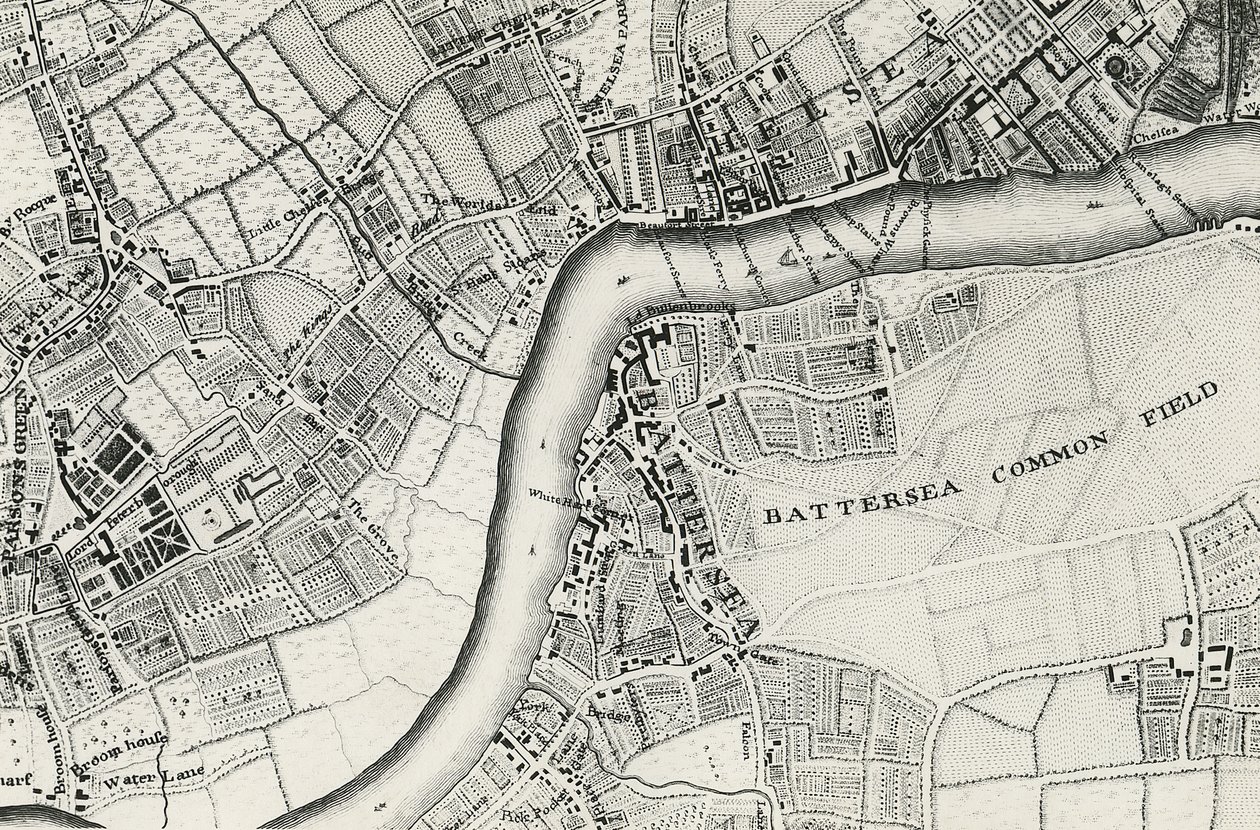 Mapa Battersea i Chelsea, 1748 autorstwa John Rocque