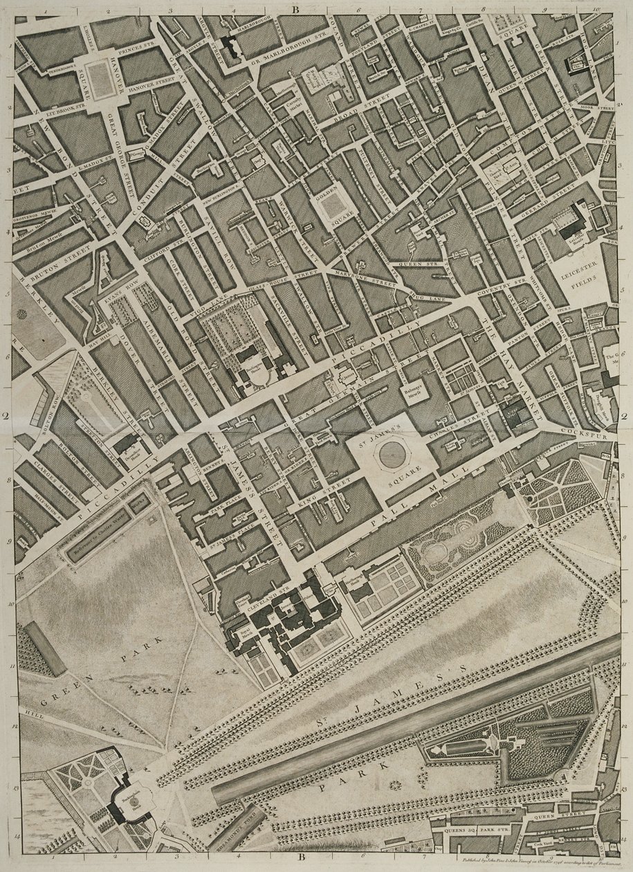 Plan miast Londynu i Westminsteru oraz Borough of Southwark, ryty przez Johna Tinneya, wyd. 1746 autorstwa John Rocque
