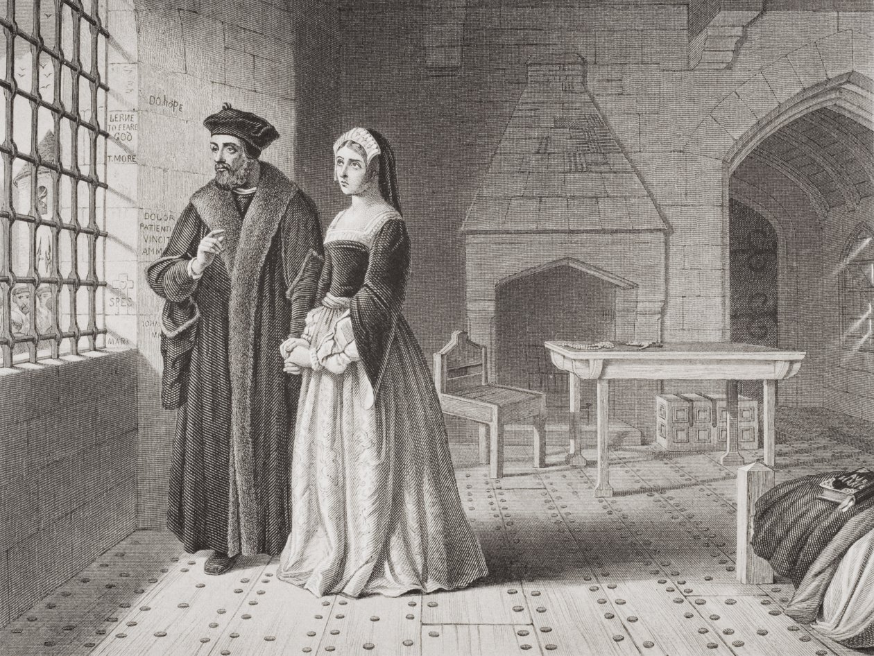 Sir Thomas More (1477-1535) i jego córka Margaret, obserwujący mnichów idących na egzekucje z jego okna więziennego, z „Illustrations of English and Scottish History” tom I autorstwa John Rogers Herbert
