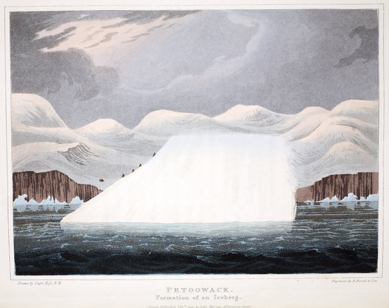 Petowacx, formacja góry lodowej, ilustracja z "Podróży odkrywczej...", 1819 (rycina ręcznie kolorowana) autorstwa John Ross