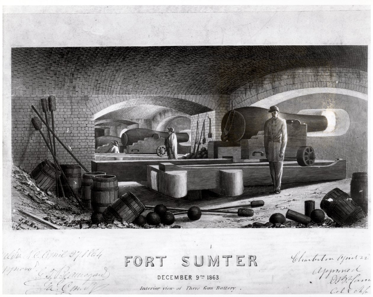 Fort Sumter, widok wnętrza baterii trzech dział, grudzień 1863 r. autorstwa John Ross Key