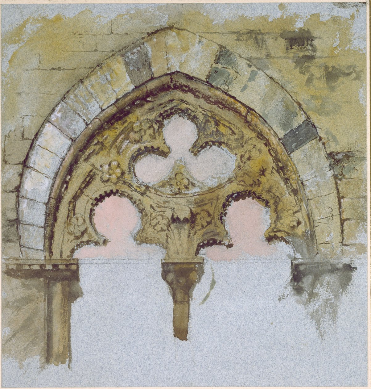 Okno Palazzo Tolomei, Siena, przedstawiające ordynarne i niesymetryczne ułożenie masywnych kamieni, 25-27 czerwca 1870 (akwarela i akwarela z grafitem na niebieskim papierze) autorstwa John Ruskin