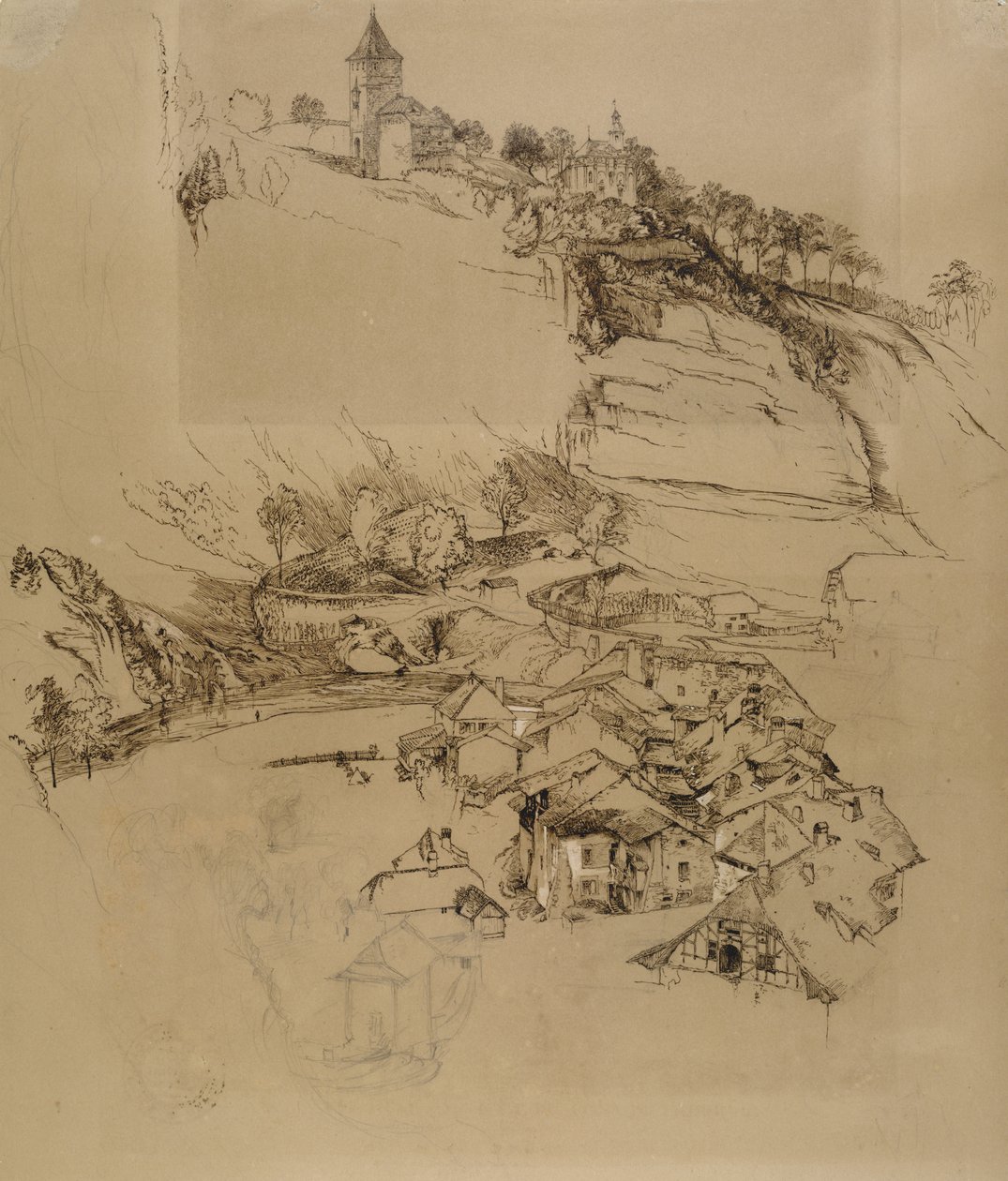Fryburg, Szwajcaria: Szkic piórkiem, lipiec lub sierpień - wrzesień 1856 (pióro i grafit z białym kolorem na brązowym papierze) autorstwa John Ruskin