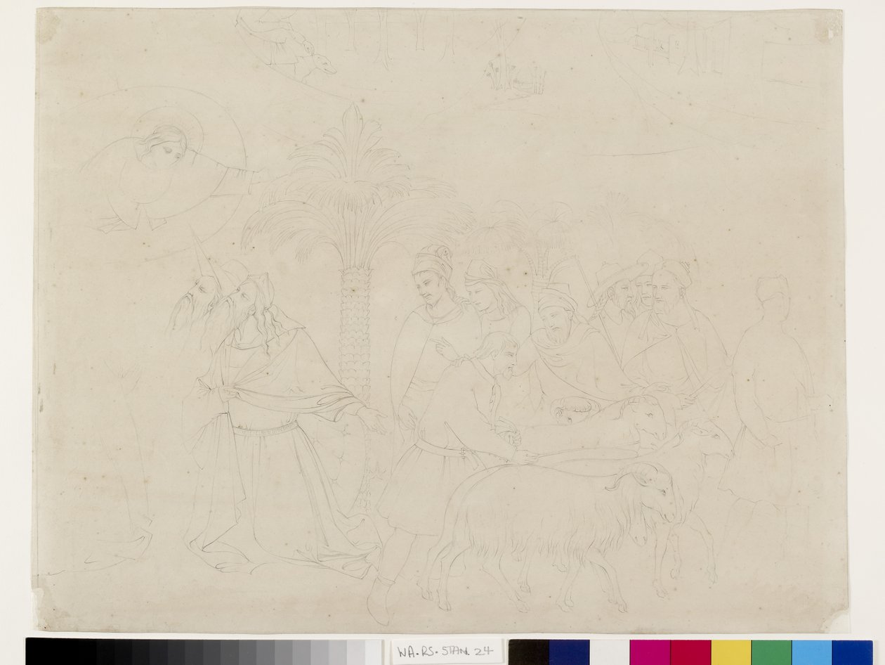 Zarys ołówkiem fragmentu fresku Przyjaciół Hioba w Camposanto w Pizie przypisywany Taddeo Gaddi, 14-16 maja 1845 (grafit na papierze tkanym) autorstwa John Ruskin