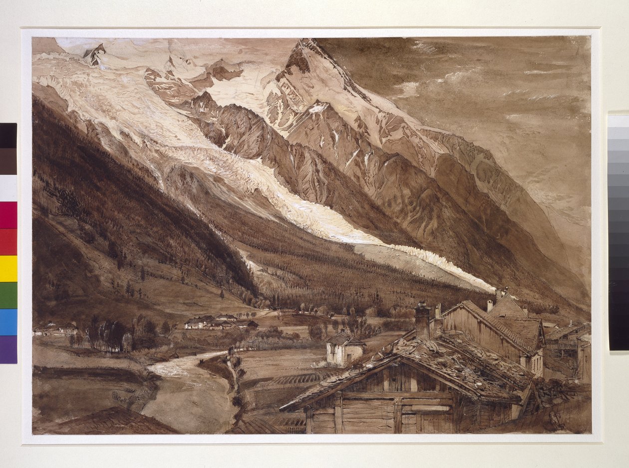 Recto: The Glacier des Bossons, Chamonix, czerwiec 1849 (pióro i pranie w tuszu w kolorze sepii, w kolorze ciała, na grafitowym papierze tkanym) autorstwa John Ruskin