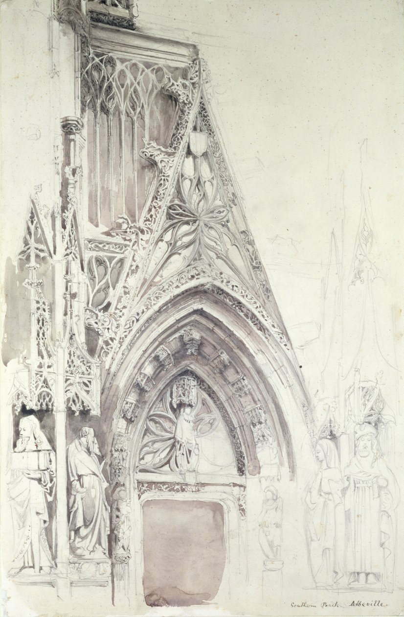 Kruchta Południowa św. Vulfrana, Abbeville, XIX w. (ołówek, tusz i pranie na papierze) autorstwa John Ruskin