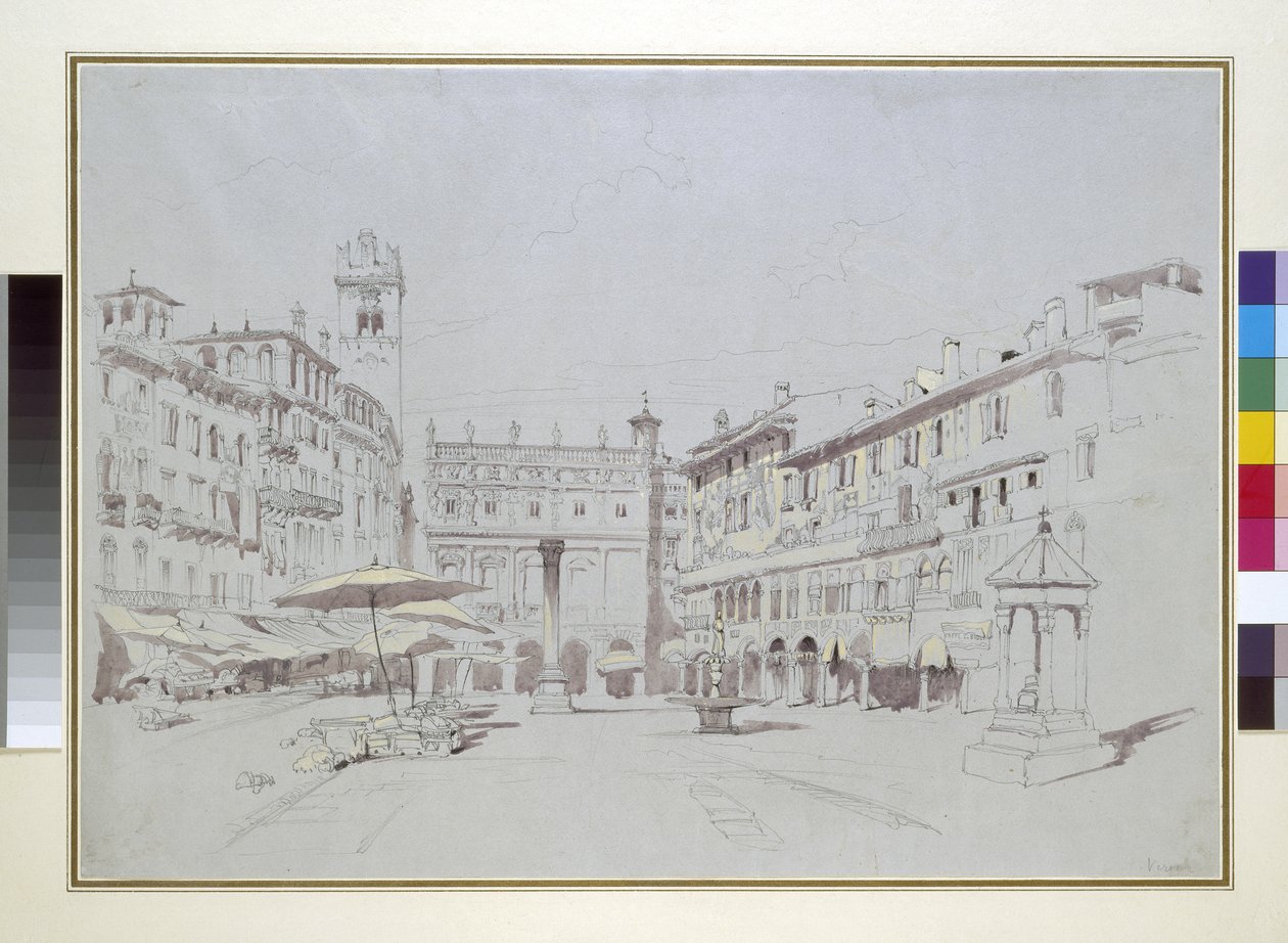 Studium do szczegółów Piazza delle Erbe, Werona, 19 maja 1841 grafit z akwarelą i kolorem ciała na szarym papierze autorstwa John Ruskin