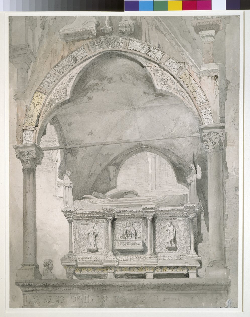 Studium szczegółów sarkofagu i baldachimu grobowca Mastino II della Scala w Weronie, 1852 grafit i akwarela na papierze tkanym autorstwa John Ruskin
