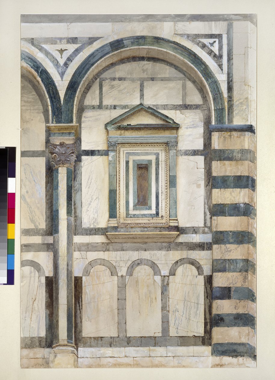 Baptysterium, Florencja: Studium górnej części prawego przedziału na elewacji południowo-zachodniej, 1 - 14 czerwca 1872 (akwarela i farba do ciała na graficie na papierze tkanym) autorstwa John Ruskin