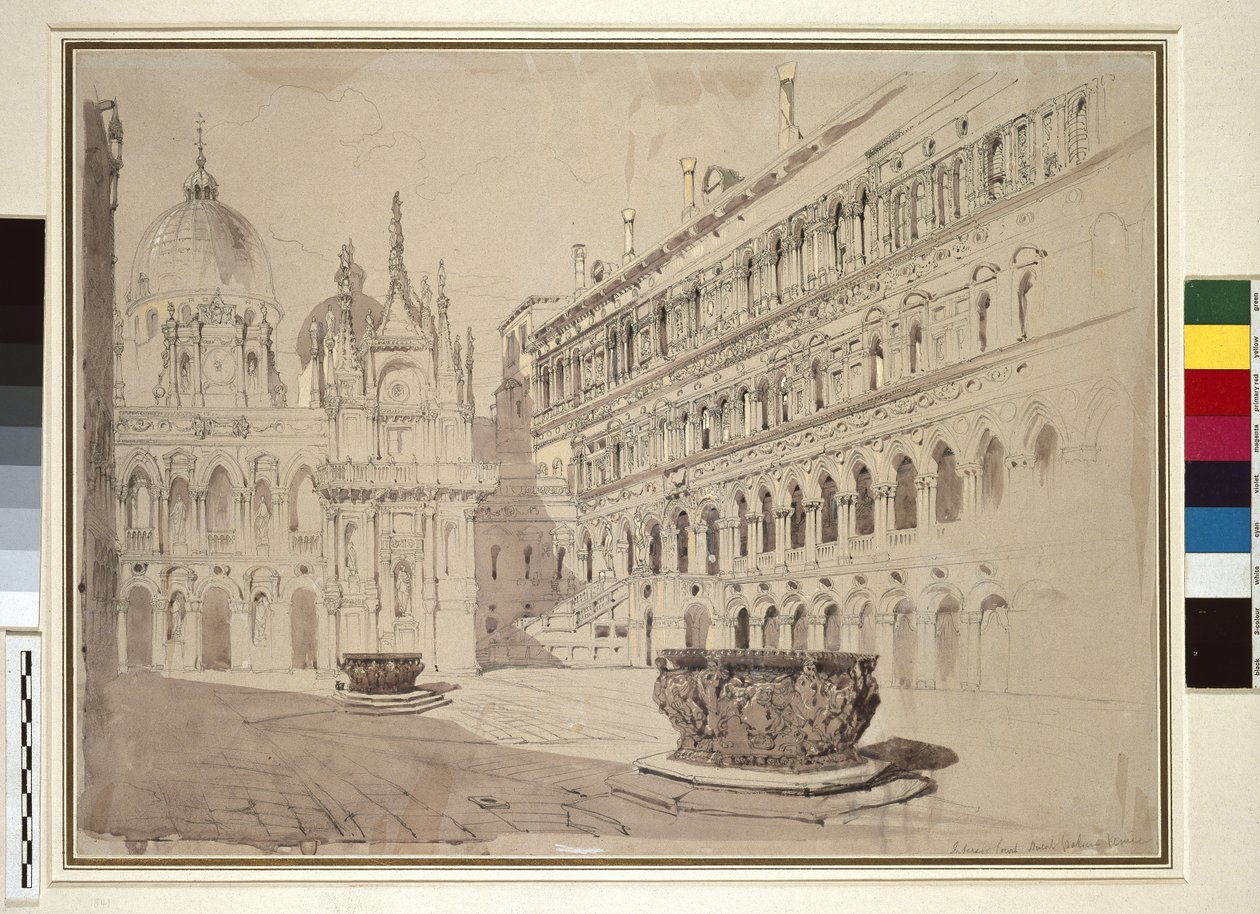 The Court of the Ducal Palace, Wenecja, maj 1841 (grafit, akwarela, body i pióro i atrament na jasnoszarym papierze tkanym) autorstwa John Ruskin