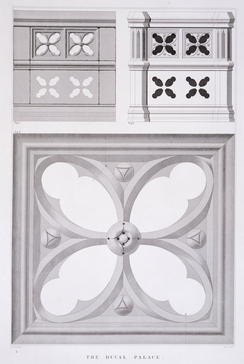 Pałac Książęcy, Przedziały południowego balkonu, z "Przykładów architektury Wenecji" Johna Ruskina, akwatinta R.P. Cuffa, 1851 (akwatinta) autorstwa John Ruskin