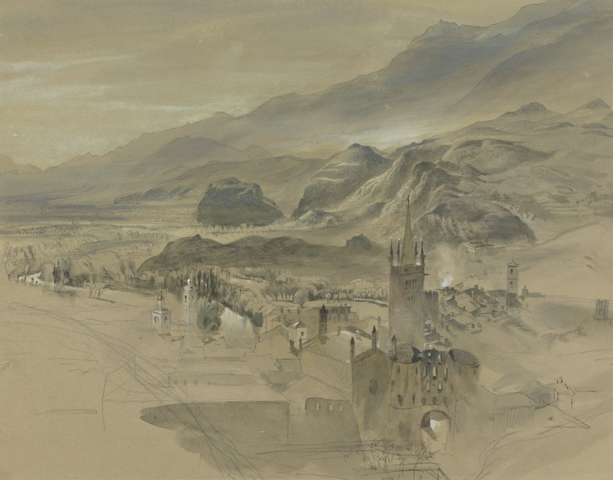 d Widok na Sion, Wallis, z Chateau de Valere, ok. 1863 (wc i kolor nadwozia na papierze grafitowym) autorstwa John Ruskin