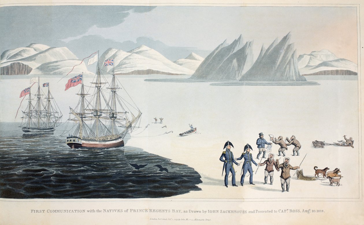 Pierwsza komunikacja z tubylcami w Zatoce Regentów 10 sierpnia 1818 r., ilustracja z książki "A Voyage of Discovery...", 1819, litografia kolorowa autorstwa John Sackhouse