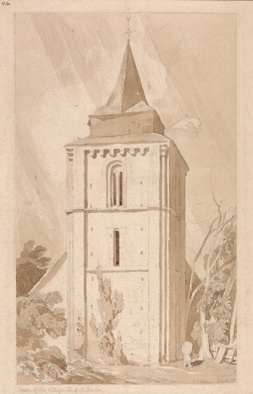 Wieża wiejskiego kościoła Saint Maclou, Normandia autorstwa John Sell Cotman