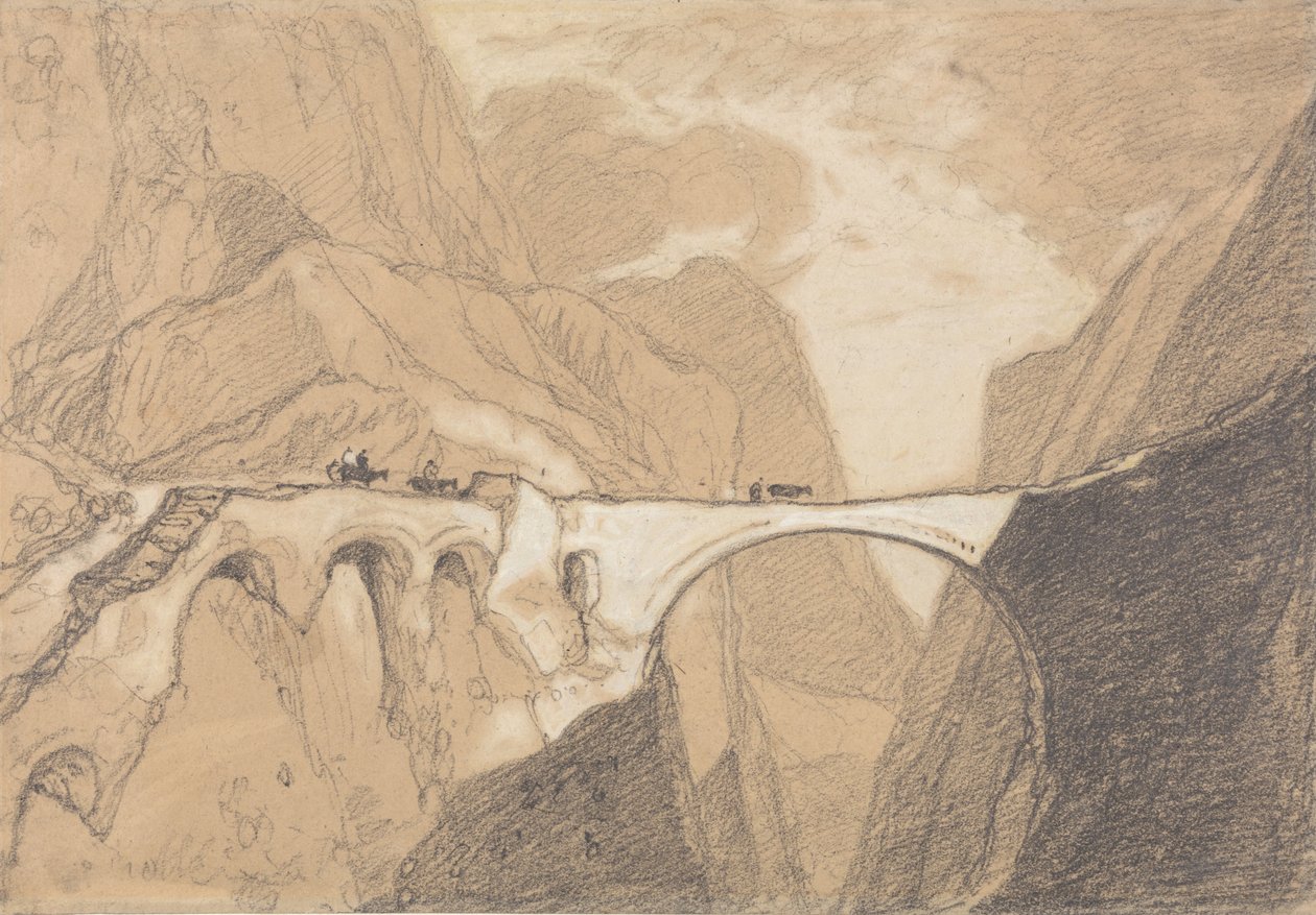 Podróżni przechodzący przez most nad wąwozem alpejskim autorstwa John Sell Cotman