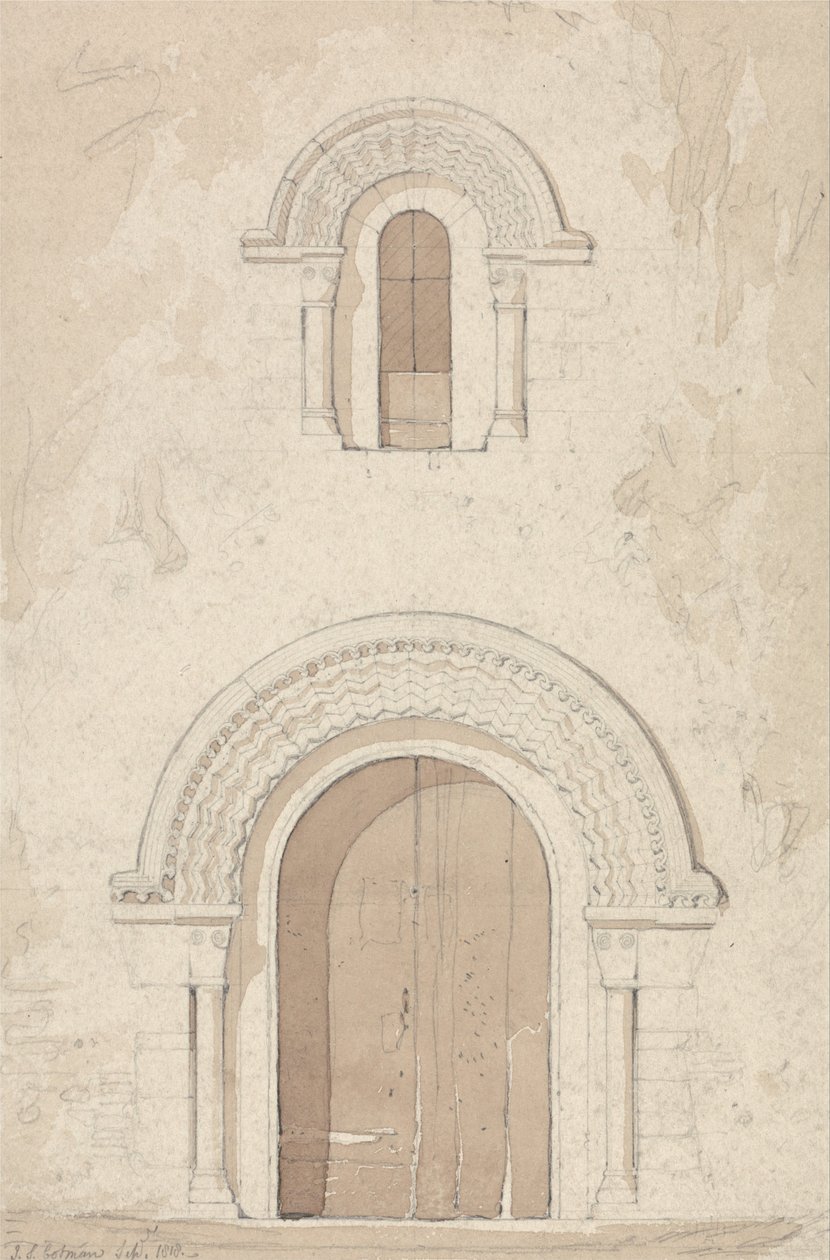 Zachodnie drzwi i okno w kościele Ham niedaleko Valognes w Normandii autorstwa John Sell Cotman