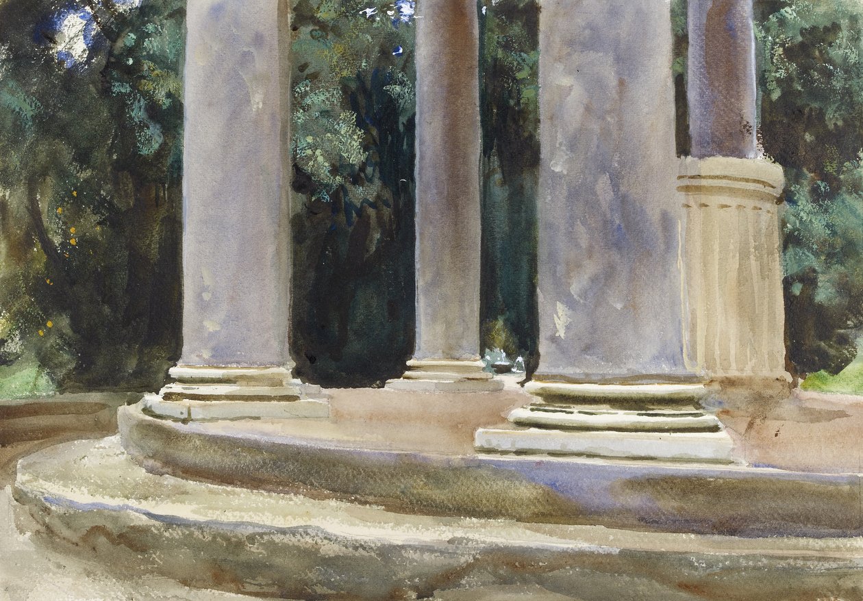 Widok między kolumnami tempietta (akwarela i akcenty karoserii nad oznaczeniami w graficie na szorstkim papierze) autorstwa John Singer Sargent