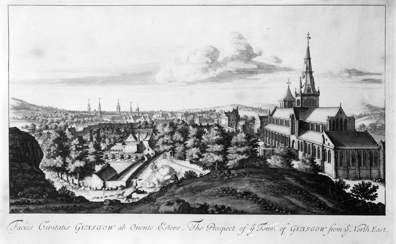 Perspektywa miasta Glasgow z północnego wschodu, z „Theatrum Scotiae” Johna Slezera, opublikowana w 1693 r. autorstwa John Slezer