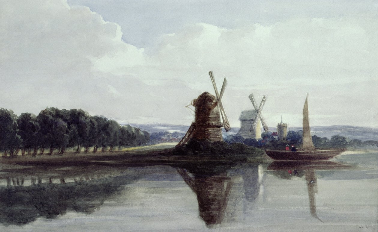 Wiatraki nad rzeką, XIX wiek (akwarela) autorstwa John Smeaton Chase