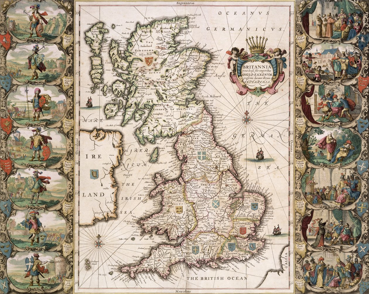 Wielka Brytania, jaka została ustalona w czasach angielskich Sasów, 1616 (kolorowe grawerowanie) autorstwa John Speed