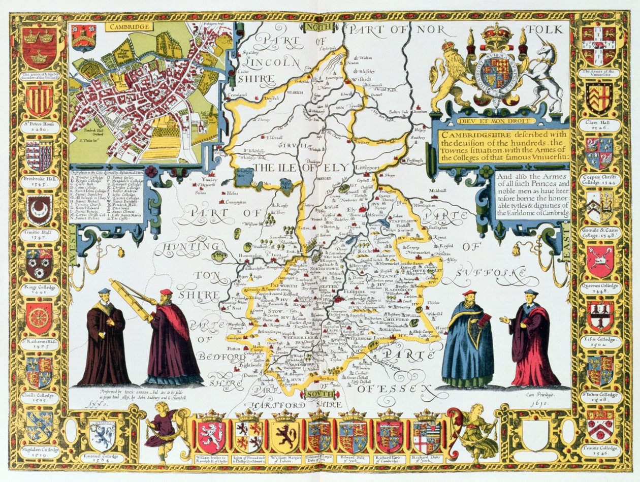Cambridgeshire, ryty Jodocusa Hondiusa (1563-1612) z „Teatru Imperium Wielkiej Brytanii” Johna Speeda, wyd. John Sudbury i George Humble, 1611-12 (ręcznie barwiony miedzioryt) autorstwa John Speed