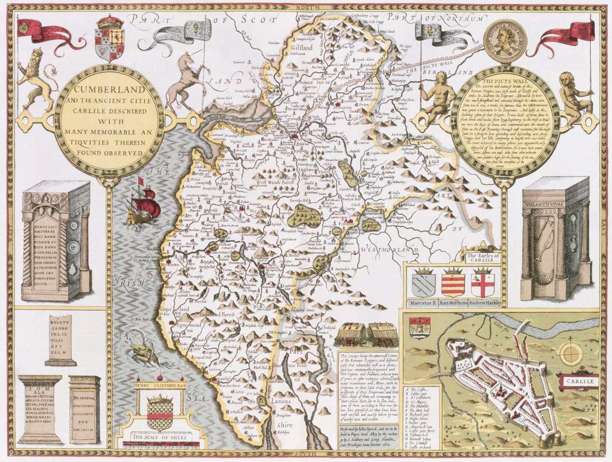 Cumberland i starożytne miasto Carlile, rytowane przez Jodocusa Hondiusa (1563-1612) z „Teatru Imperium Wielkiej Brytanii” Johna Speeda, wyd. John Sudbury i George Humble, 1611-12 autorstwa John Speed