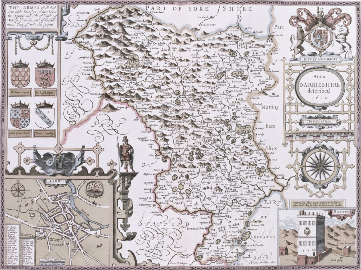 Darbieshire, grawerowane przez Jodocusa Hondiusa (1563-1612) z „Teatru Imperium Wielkiej Brytanii” Johna Speeda, wyd. John Sudbury i George Humble, 1611-12 (ręcznie barwiony miedzioryt) autorstwa John Speed