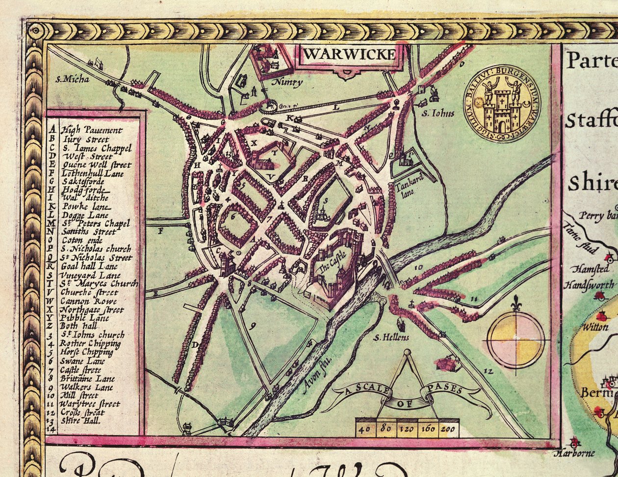 Fragment Warwick, z hrabstwa Warwick, miasta Shire i miasta Coventry, z „Teatru Imperium Wielkiej Brytanii” Johna Speeda, ryty przez Jodocusa Hondiusa (1567-1611), wyd. przez Johna Su autorstwa John Speed